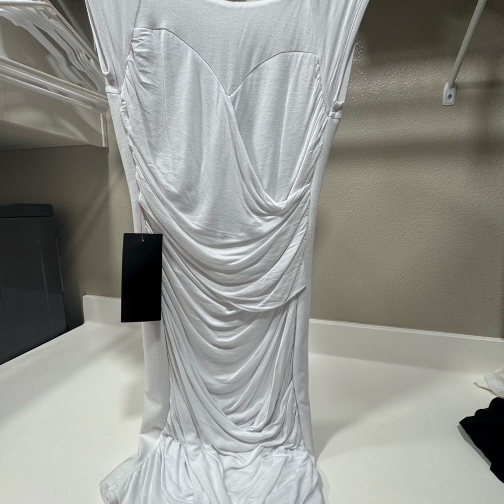 Bebe Elegant White Draped Women's Dress, brand new